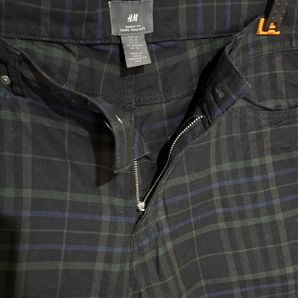 H&M green black watch plaid Trousers pants 34 skinny fit punk goth business - Picture 5 of 6